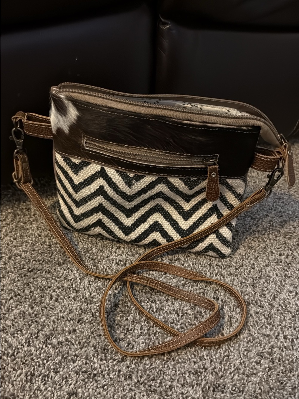 Myra Bag Black & White Chevron Crossbody with Brown Leather Trim